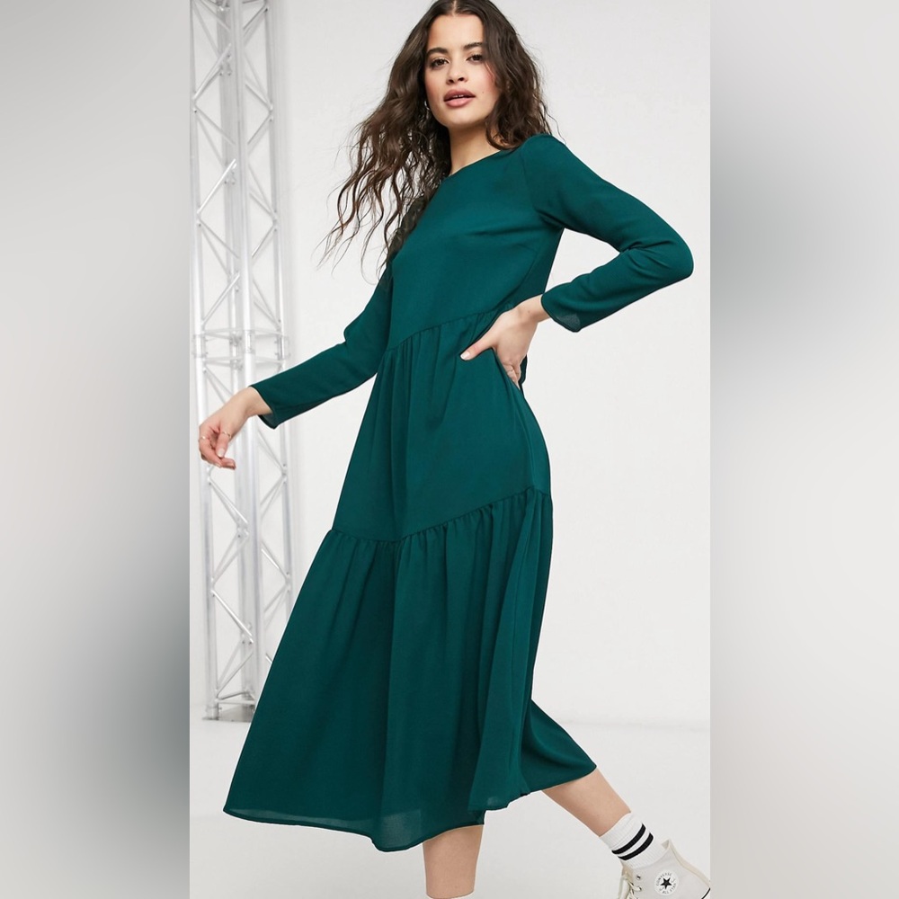 ASOS DESIGN long sleeve tiered smock midi dress in forest green